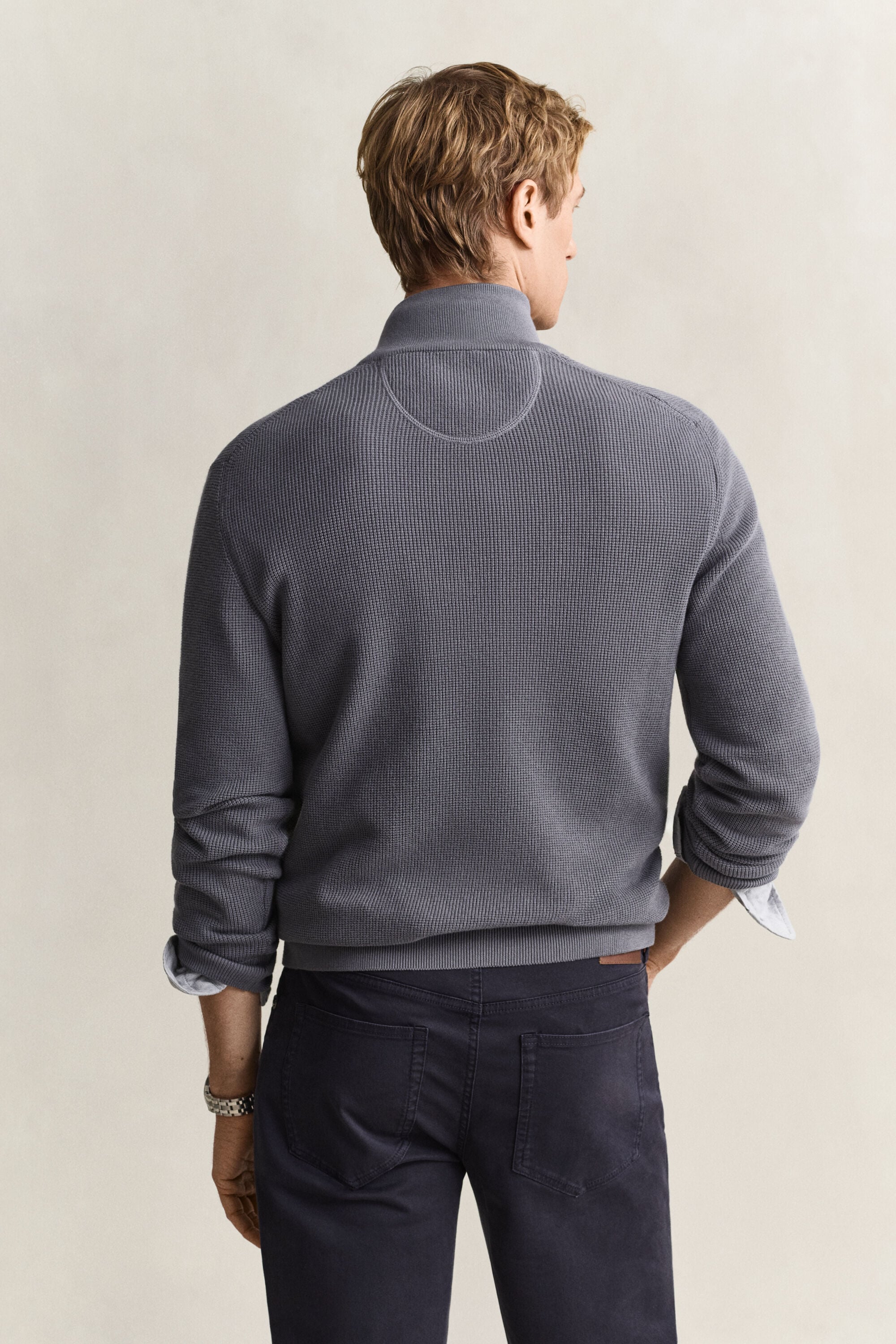 Camisola de malha com meio fecho em algodão texturizado