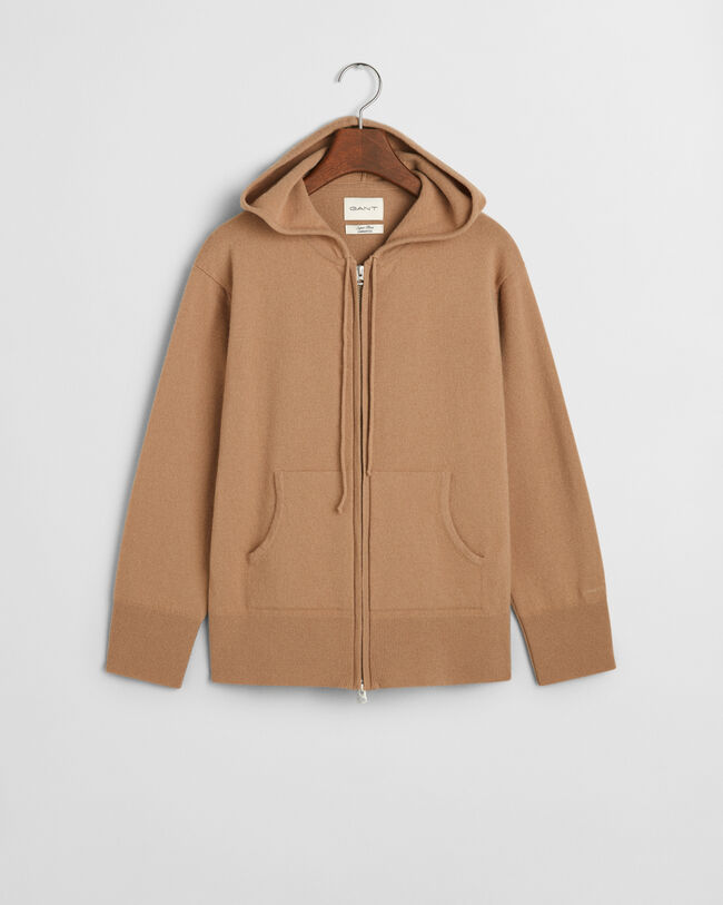 Sweatshirt com capuz e fecho em l&atilde; extrafina