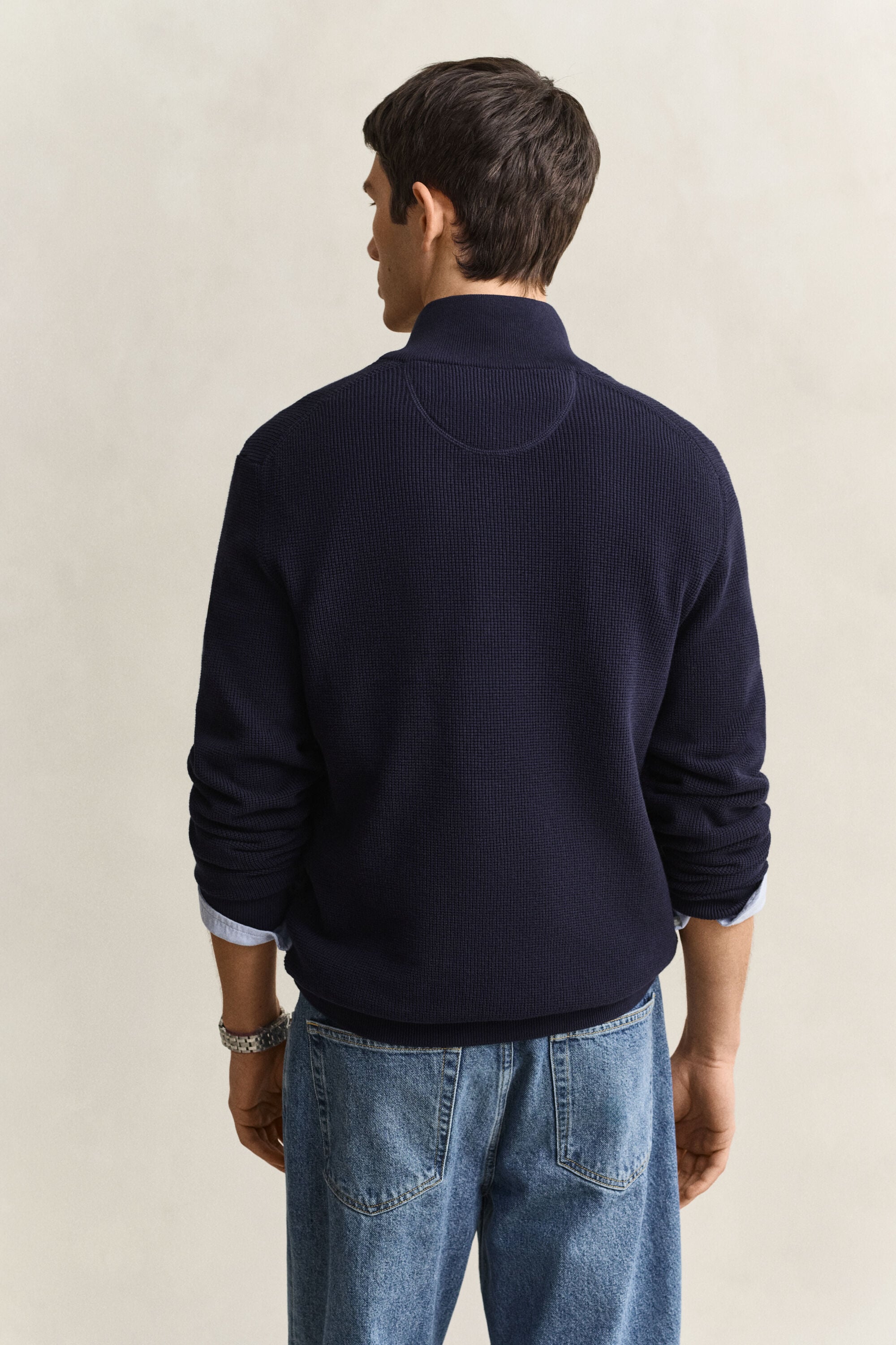 Camisola de malha com meio fecho em algodão texturizado