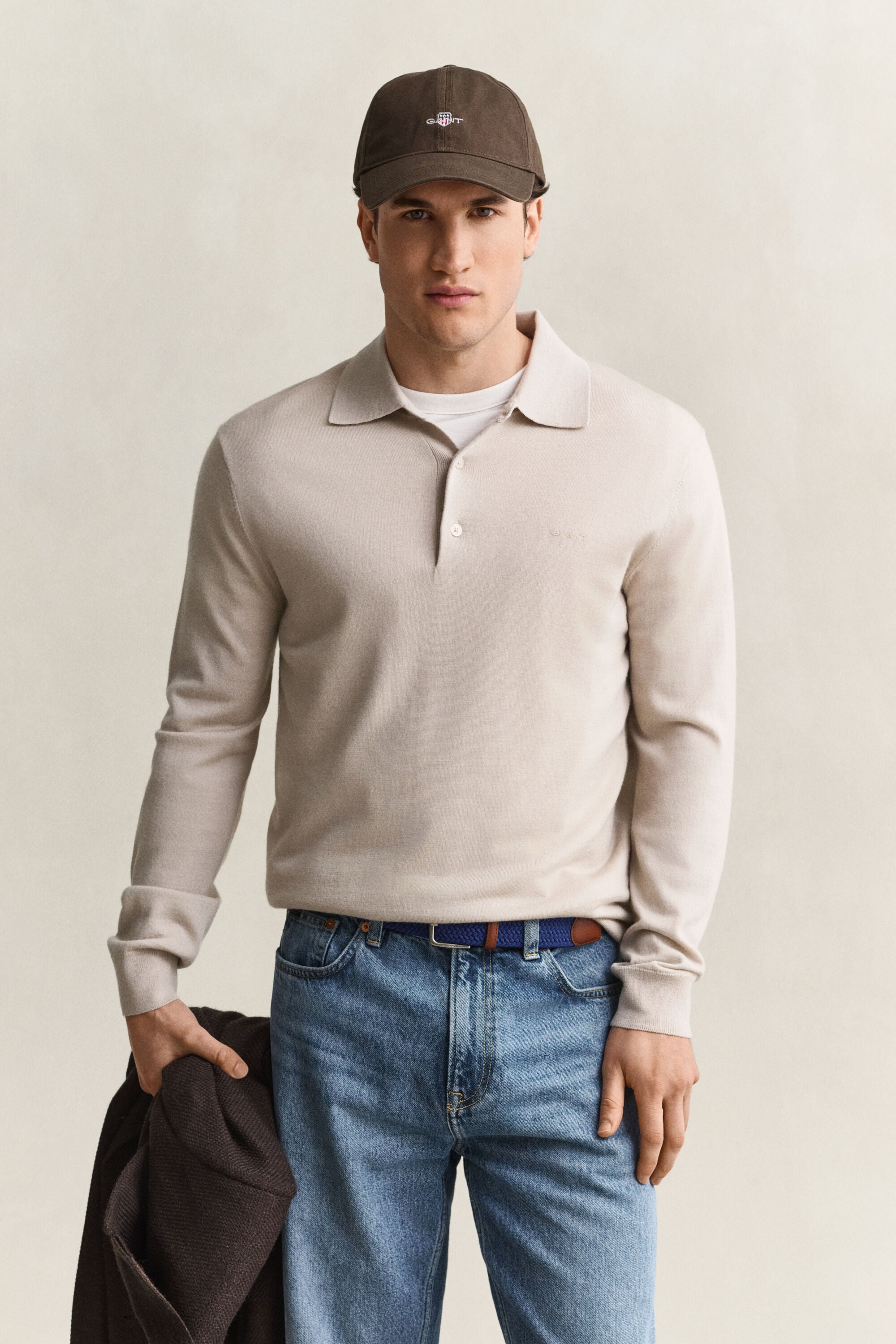 Camisola de malha estilo polo em lã de merino extrafina