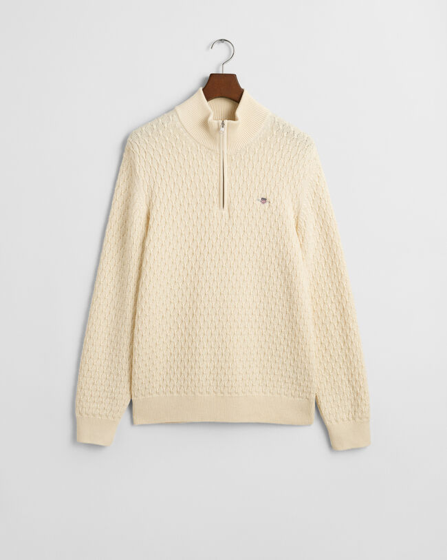 Camisola de malha com meio fecho em algodão texturizado