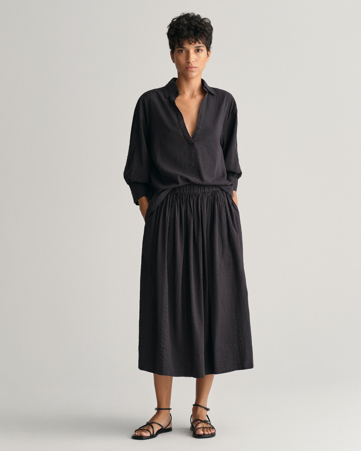 Saia Pull-On às riscas Seersucker