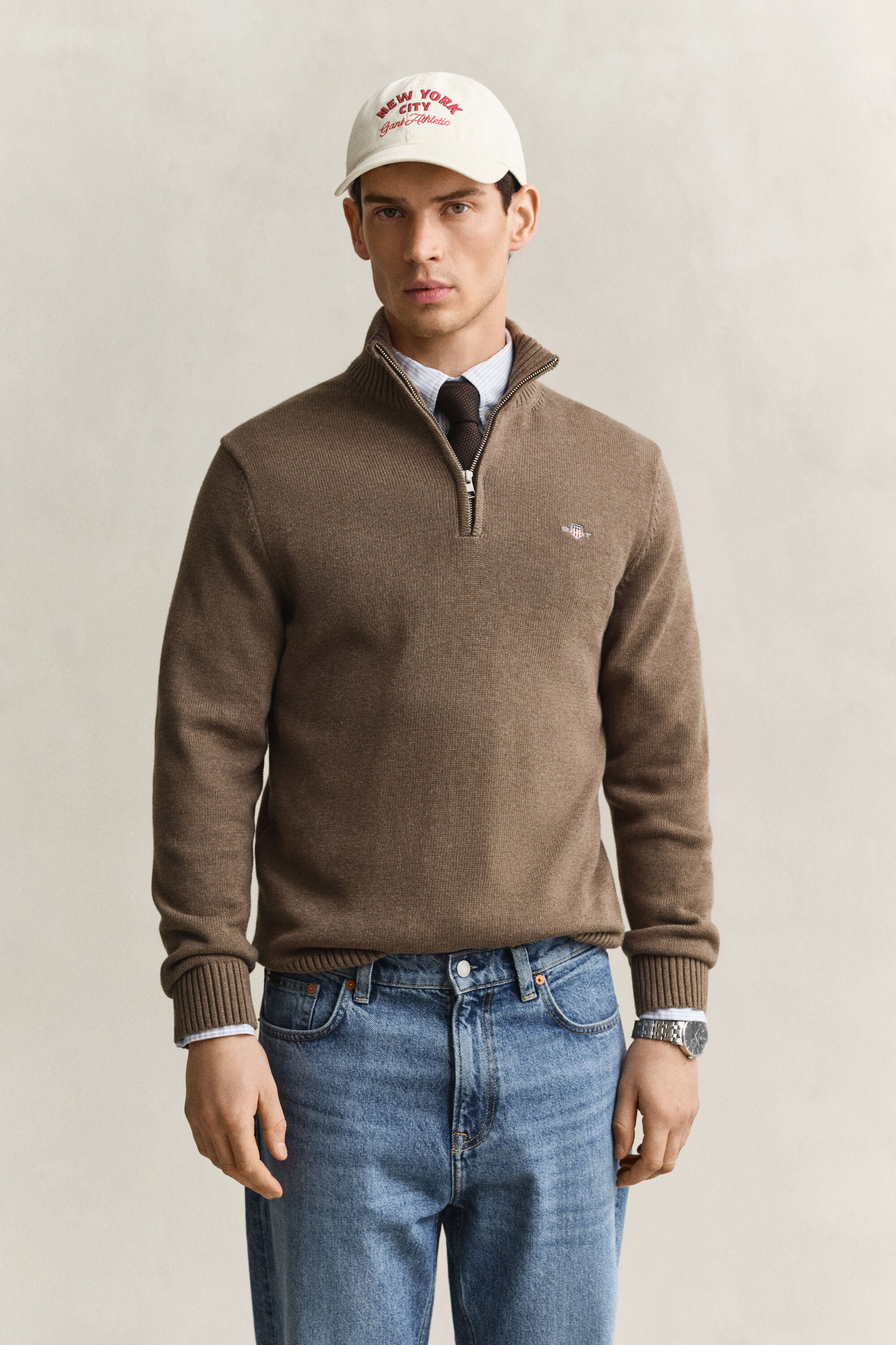 Camisola de malha em algodão com meio fecho Casual