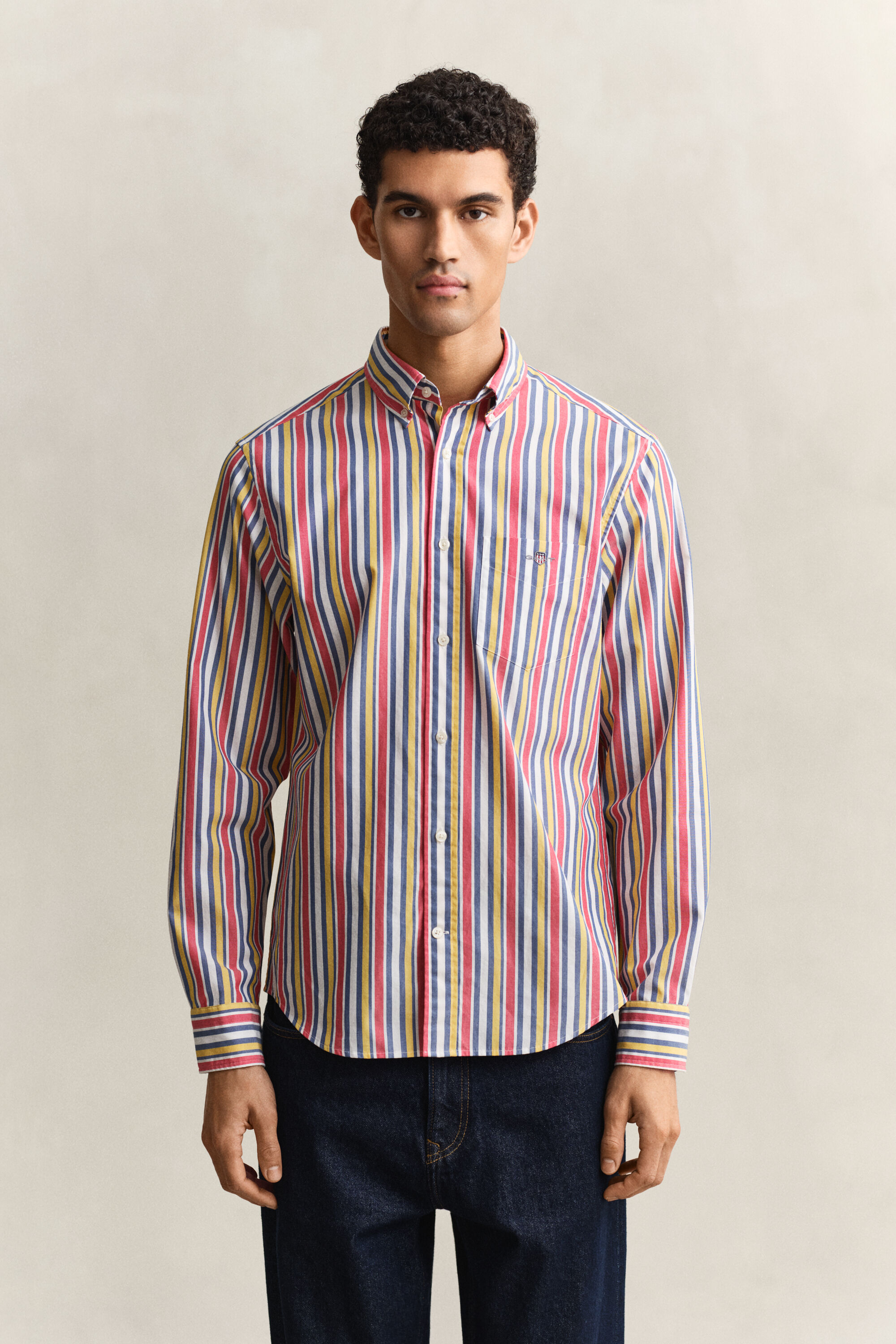 Camisa às riscas em popelina