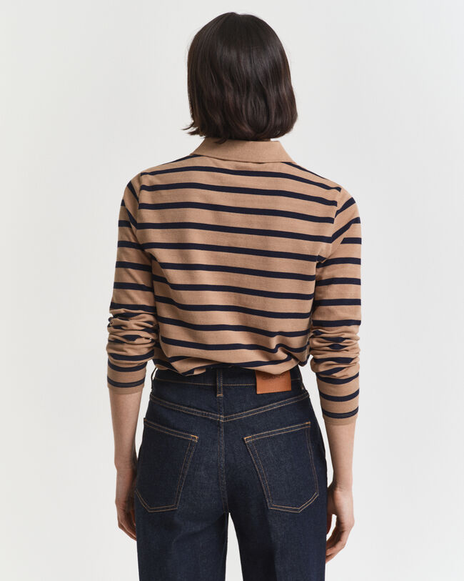 Polo de manga comprida em algodão piqué com riscas de marinheiro