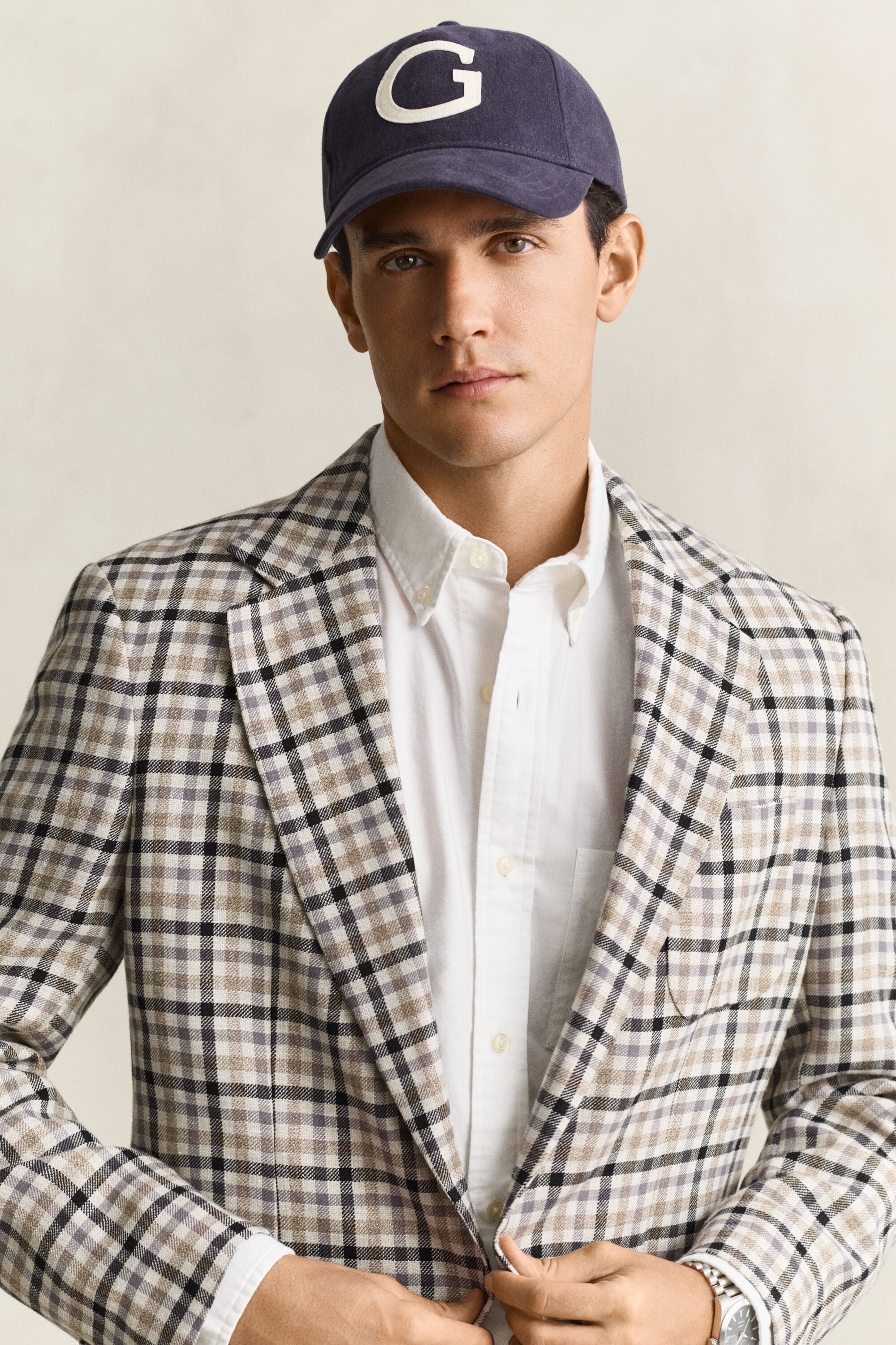 Blazer com padrão de xadrez em lã e linho