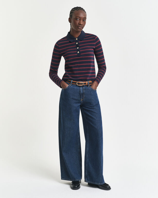 Polo de manga comprida em algodão piqué com riscas de marinheiro