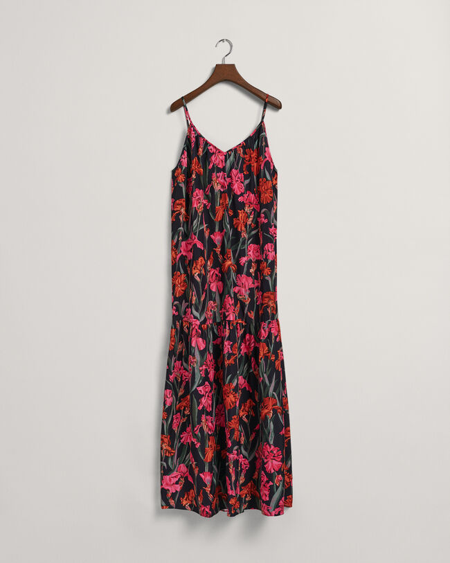 Vestido maxi estampado com alças finas