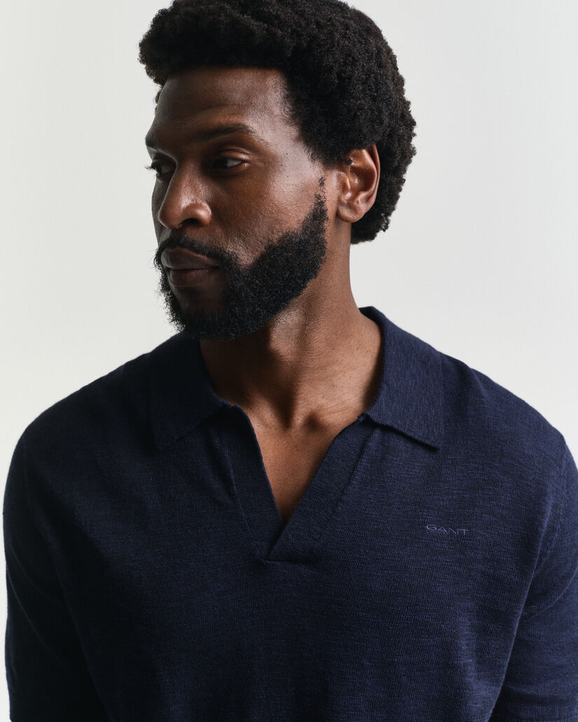 Camisola de malha estilo polo com manga curta em mistura de linho