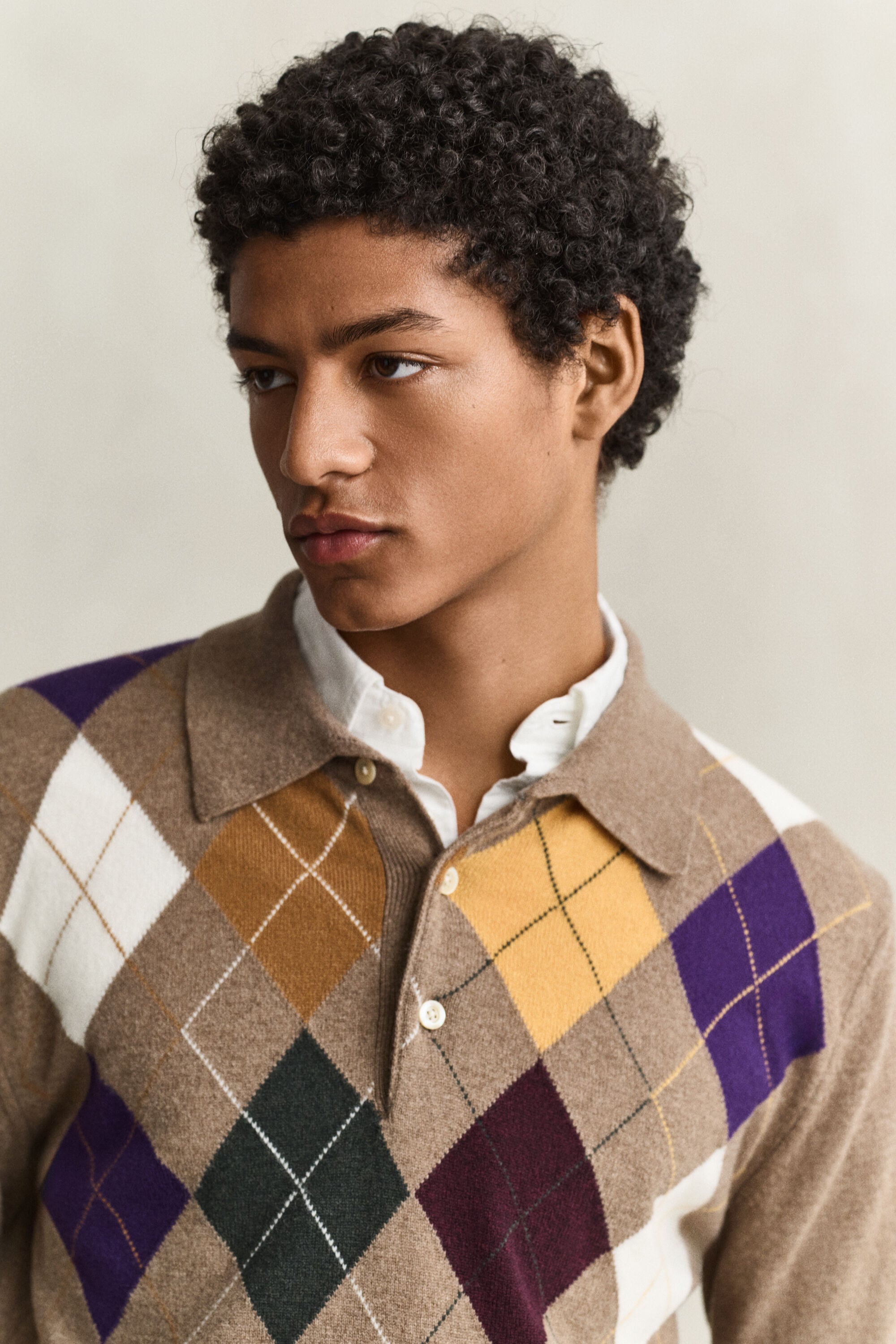 Camisola de malha tipo polo em lã extrafina Argyle