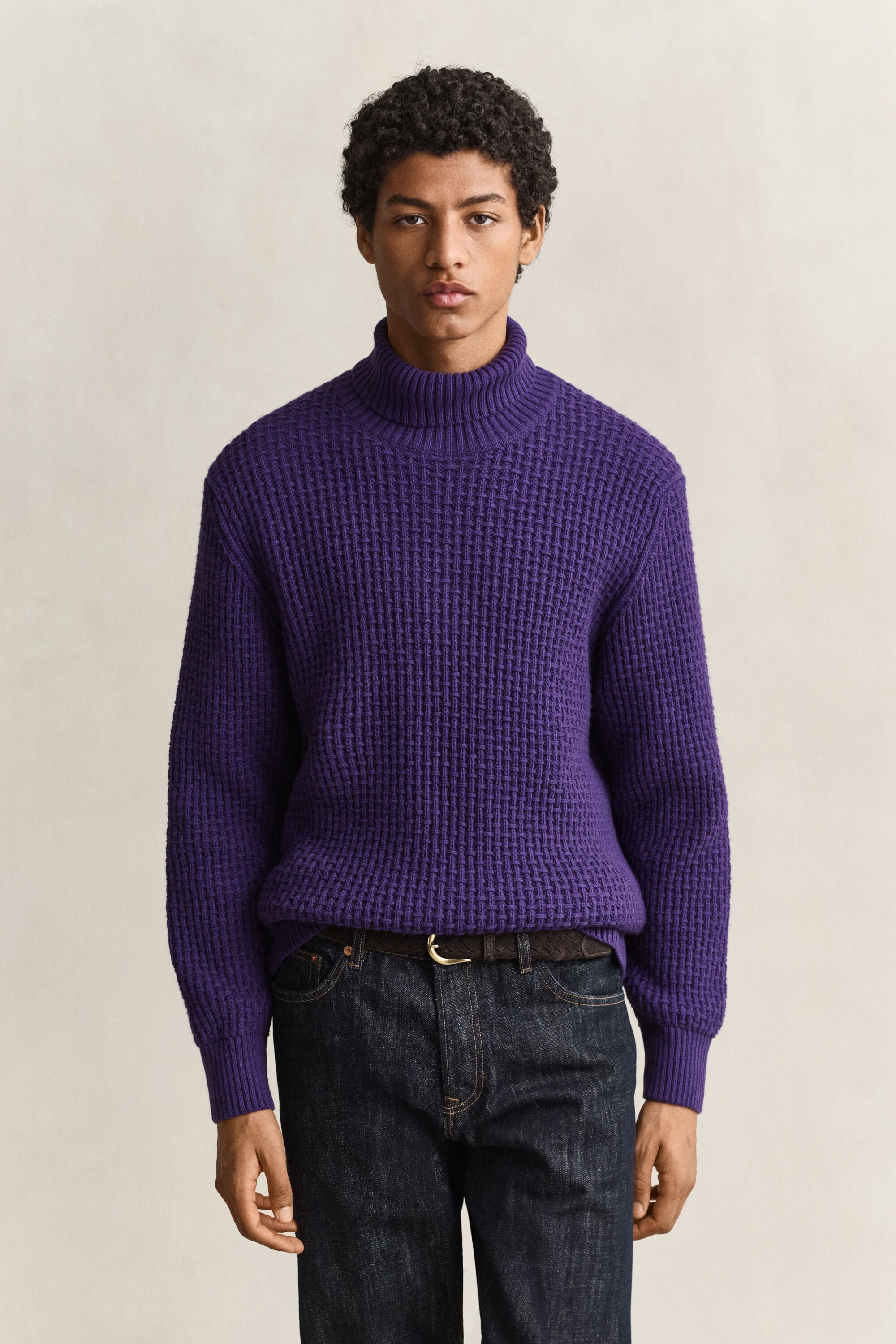 Camisola de gola alta em lã e algodão Textured