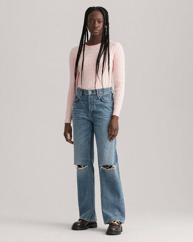 Pulover com decote redondo de algod&atilde;o com elastano entran&ccedil;ada