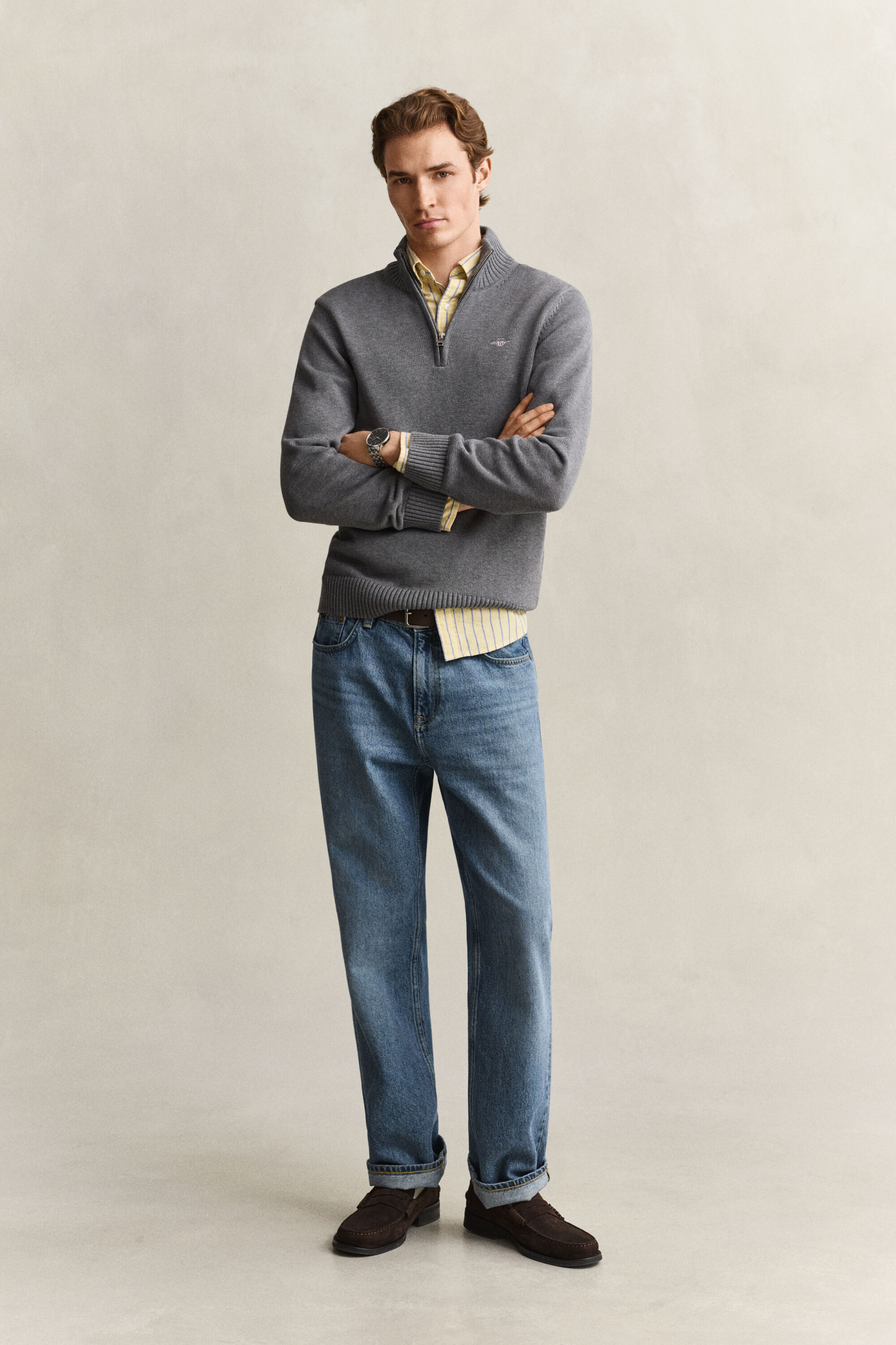 Camisola de malha em algodão com meio fecho Casual