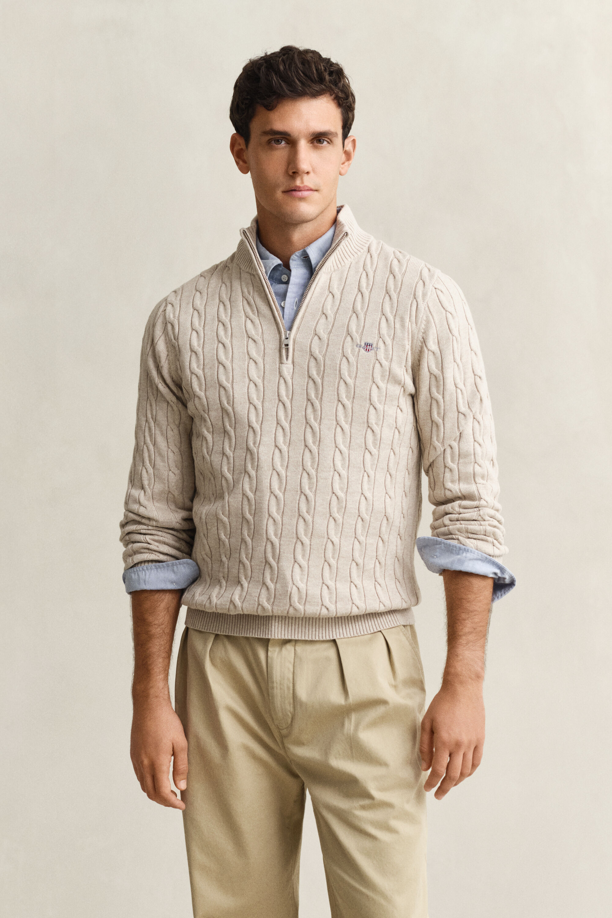 Camisola de malha entrançada de algodão com meio fecho de correr