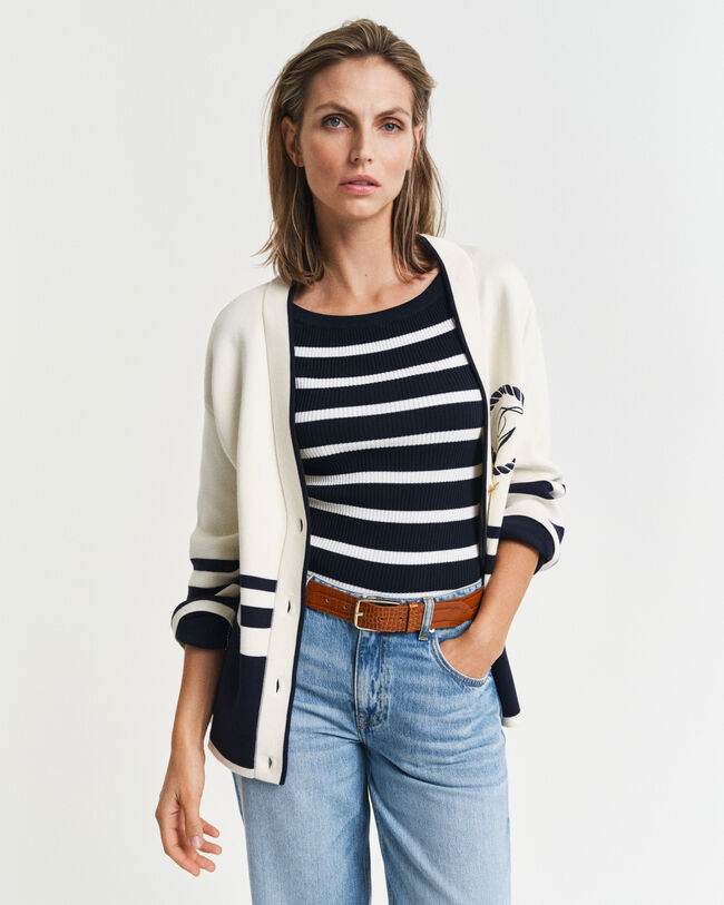 Top em malha canelada às riscas com ombros descobertos