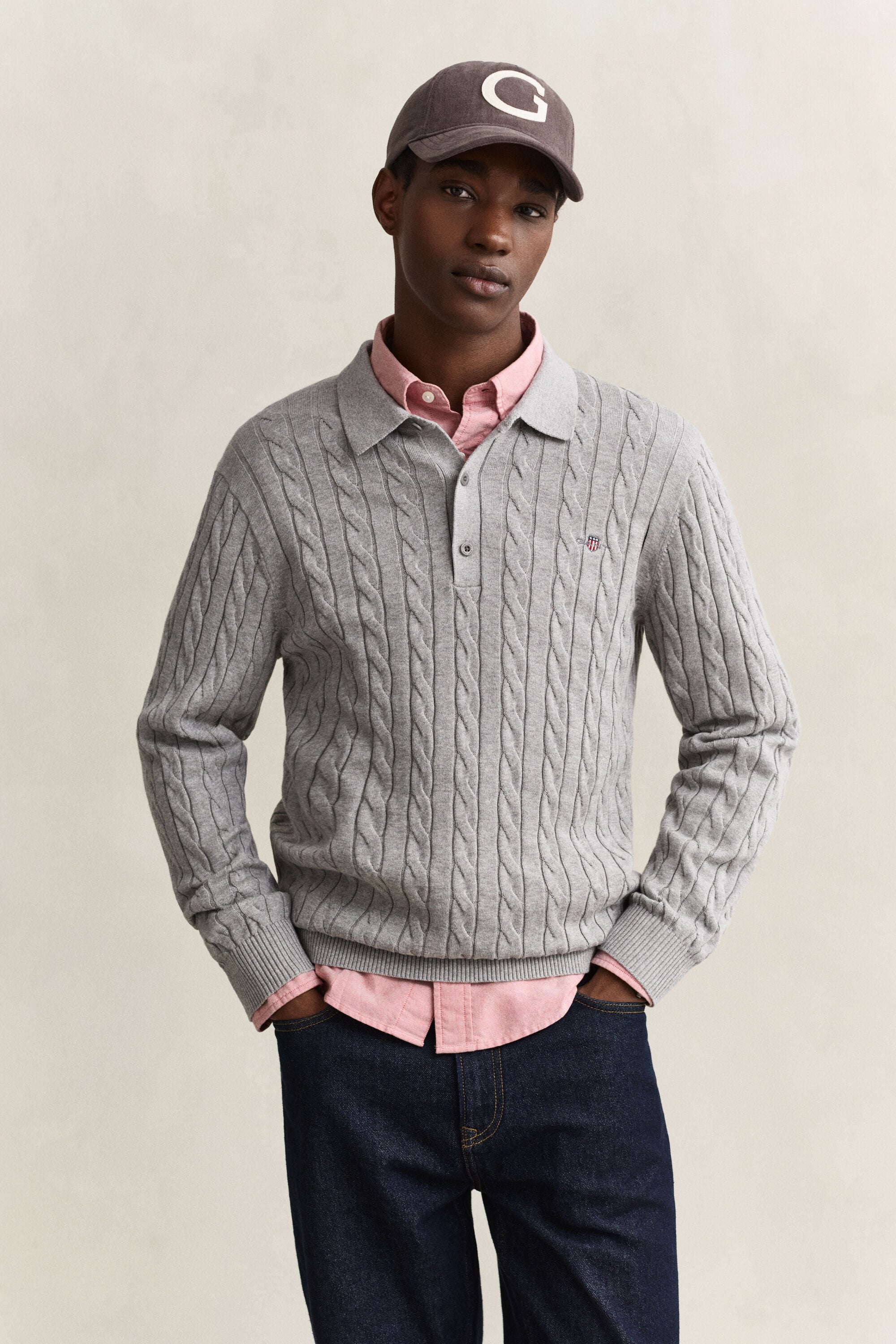 Camisola de malha tipo polo em malha entrançada de algodão