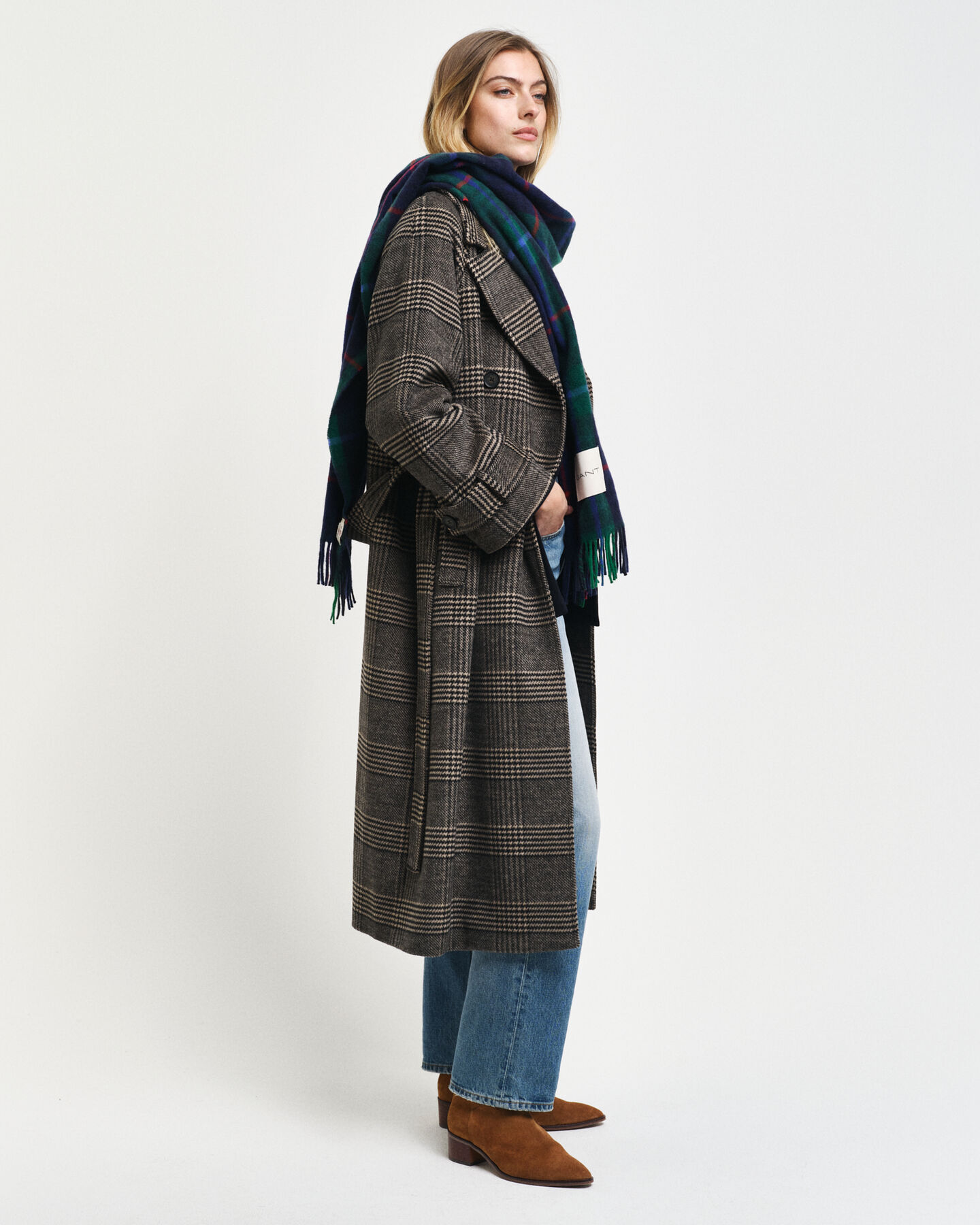 Gabardina em lã com padrão de xadrez