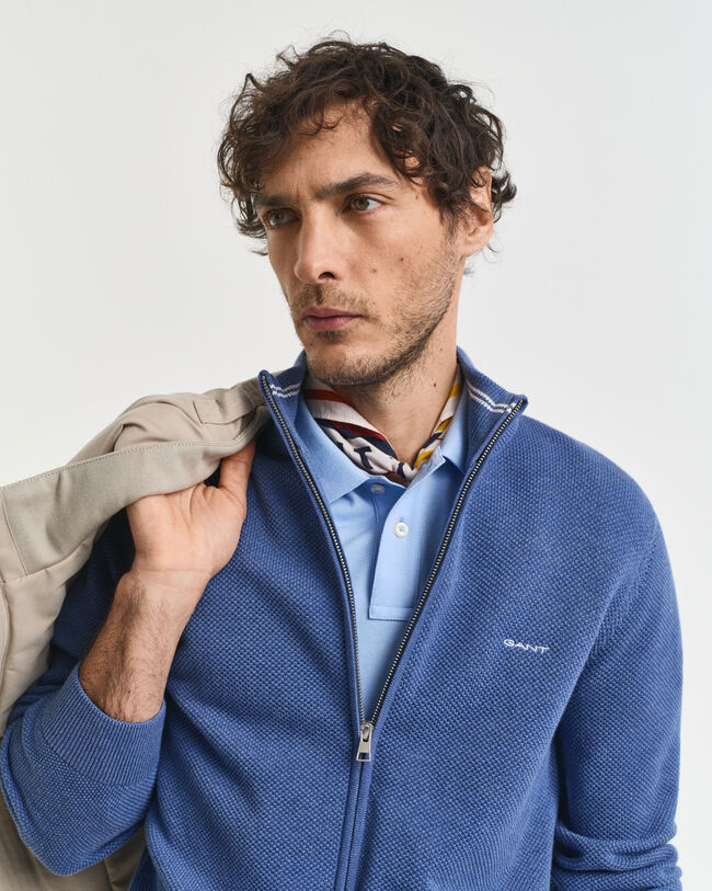 Casaco de malha em algodão piqué com fecho de correr