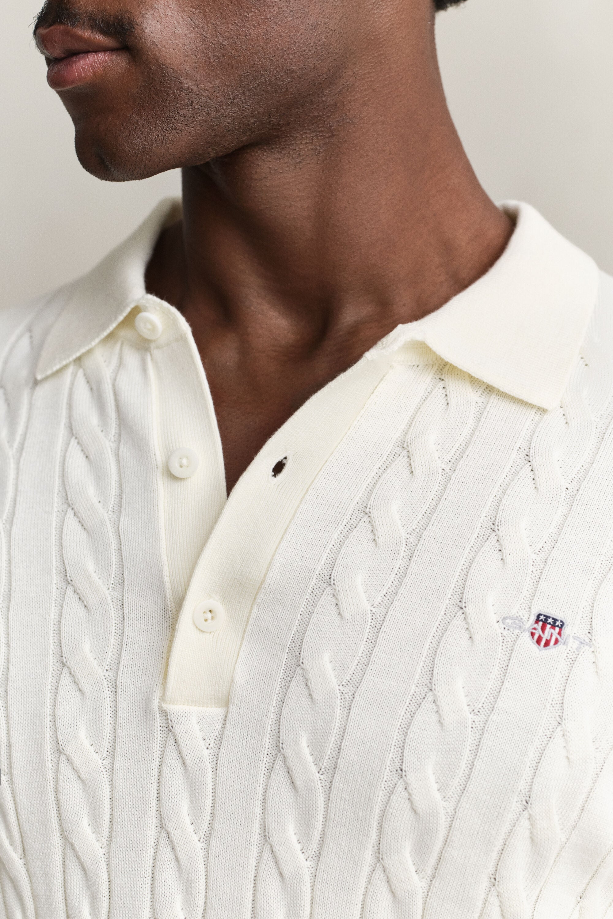 Camisola de malha tipo polo em malha entrançada de algodão