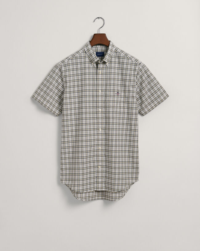 Camisa de manga curta em popelina com padr&atilde;o de xadrez micro corte normal