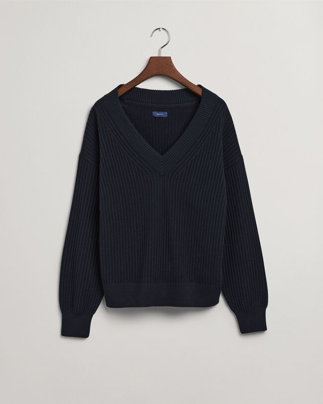 Pulover com decote em V em malha de algod&atilde;o canelada