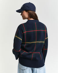 Casaco de malha com decote em V e padrão de xadrez