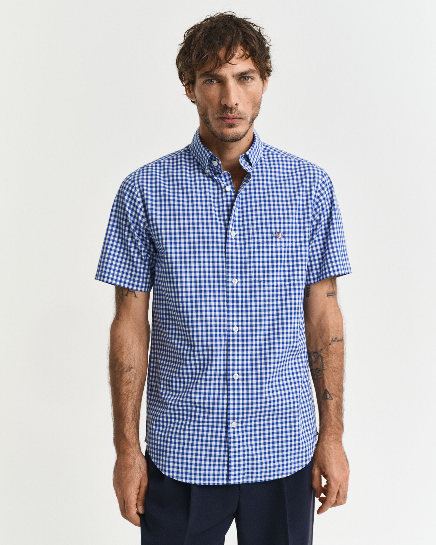Camisa de manga curta em popelina Gingham clássica regular fit