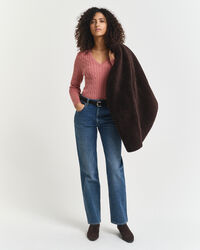 Camisola de malha entrançada com decote em V em algodão com elastano