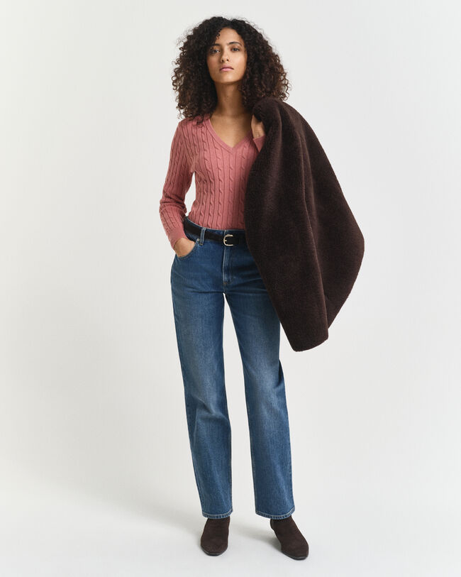 Camisola de malha entrançada com decote em V em algodão com elastano