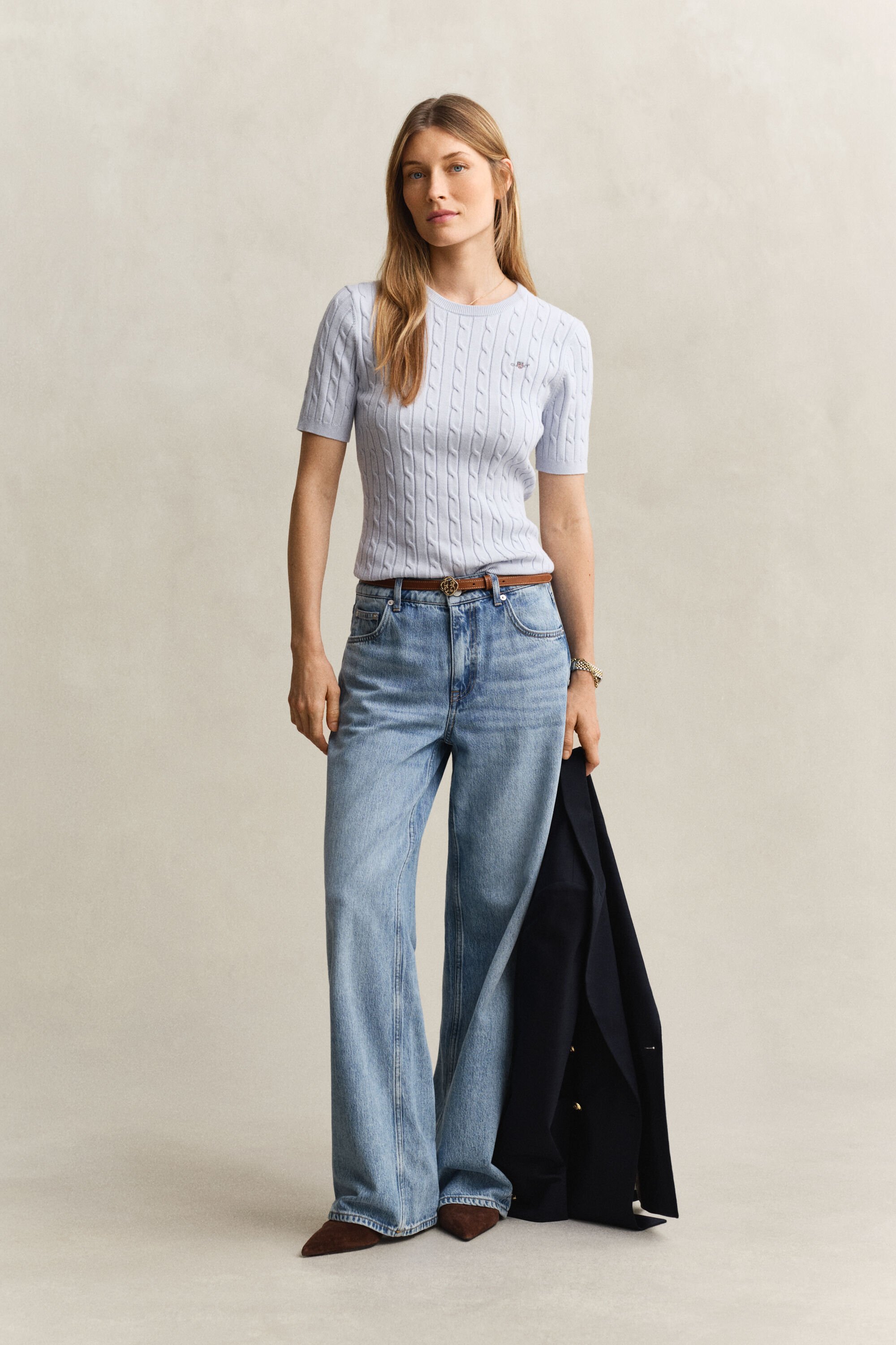 Camisola de manga curta em malha entrançada