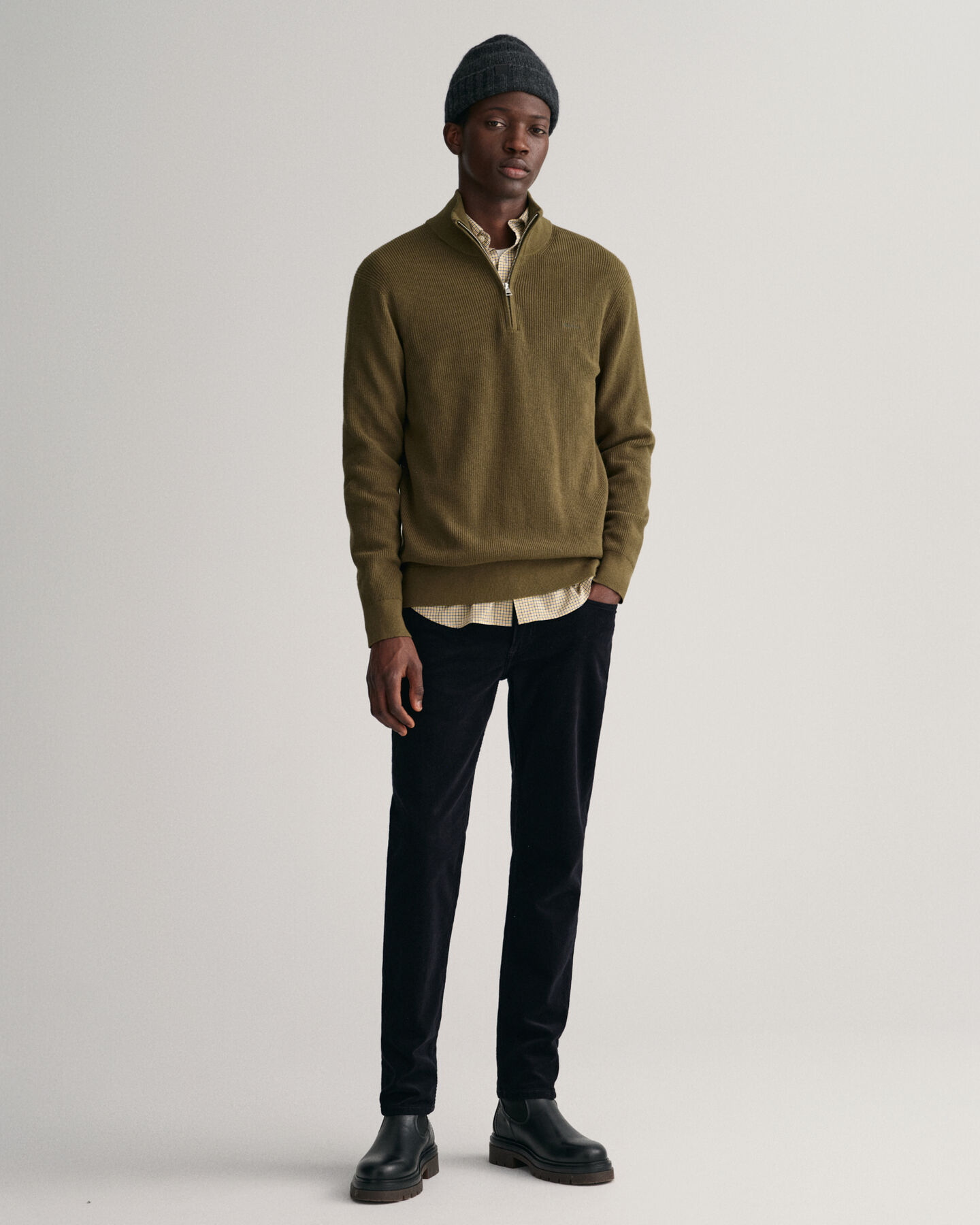 Sweatshirt de malha canelada em lã e algodão com meio fecho de correr