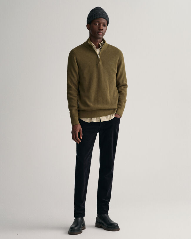 Sweatshirt de malha canelada em lã e algodão com meio fecho de correr