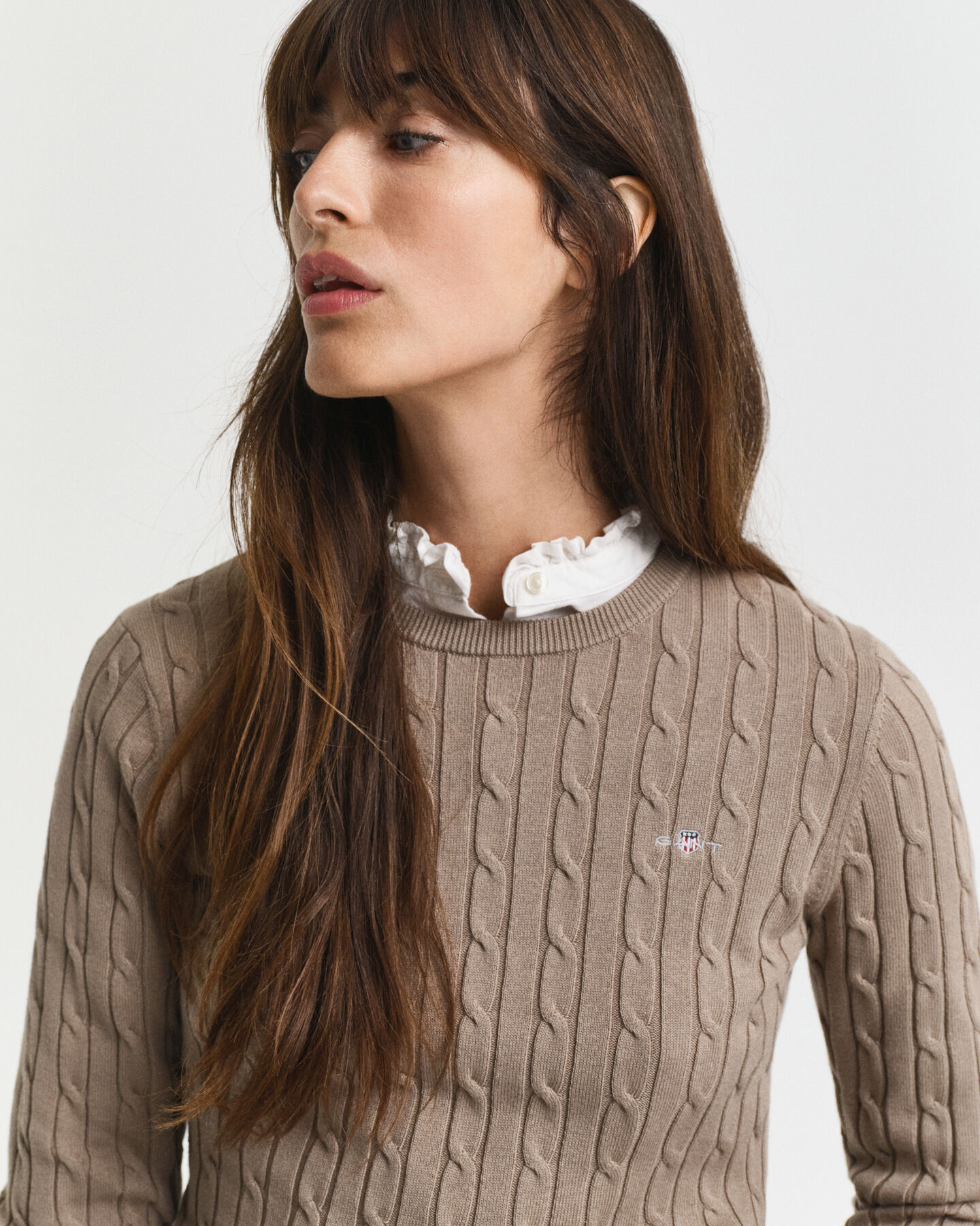 Camisola de malha entrançada com decote redondo em algodão com elastano