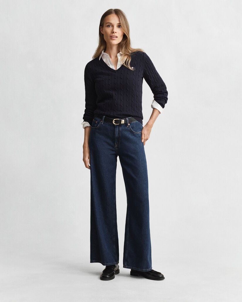 Camisola de malha entrançada com decote em V em algodão com elastano