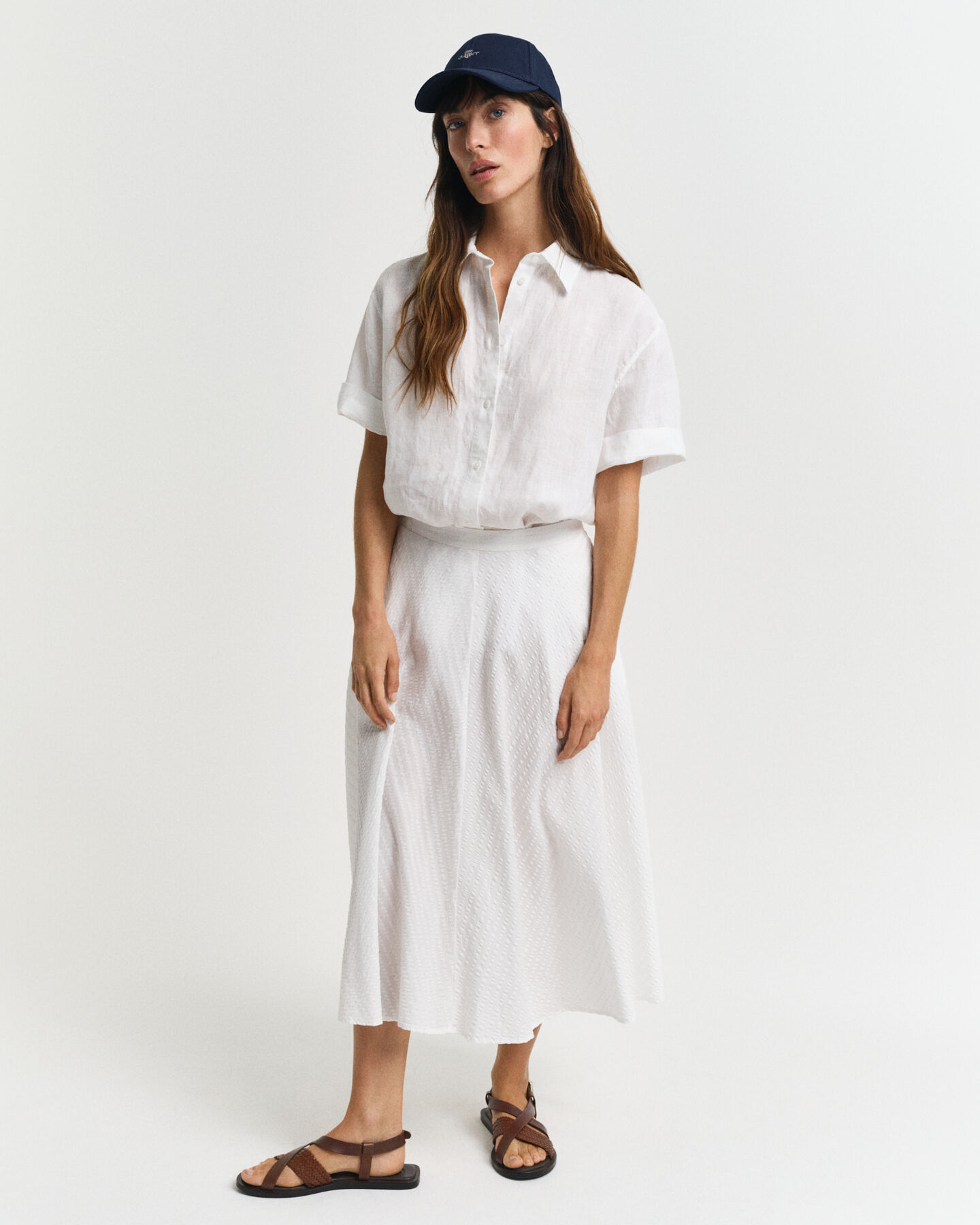 Saia Seersucker às riscas no mesmo tom