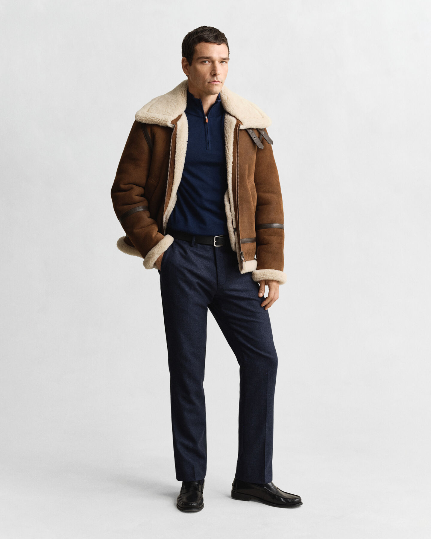 Camisola de malha com meio fecho de correr em lã de merino extrafina