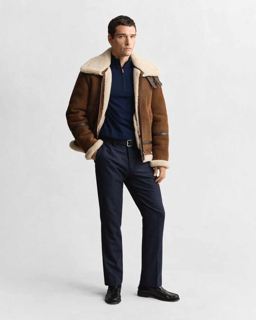 Camisola de malha com meio fecho de correr em lã de merino extrafina