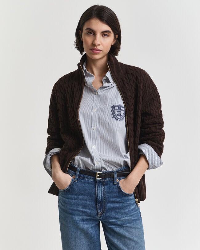 Casaco de malha entrançada com fecho de correr