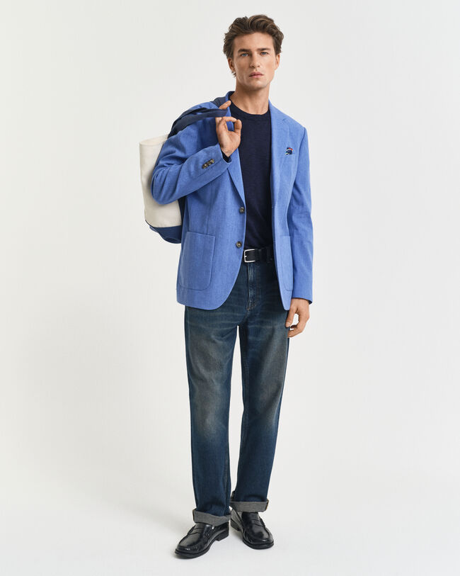 Casaco de fato em linho e algod&atilde;o slim fit