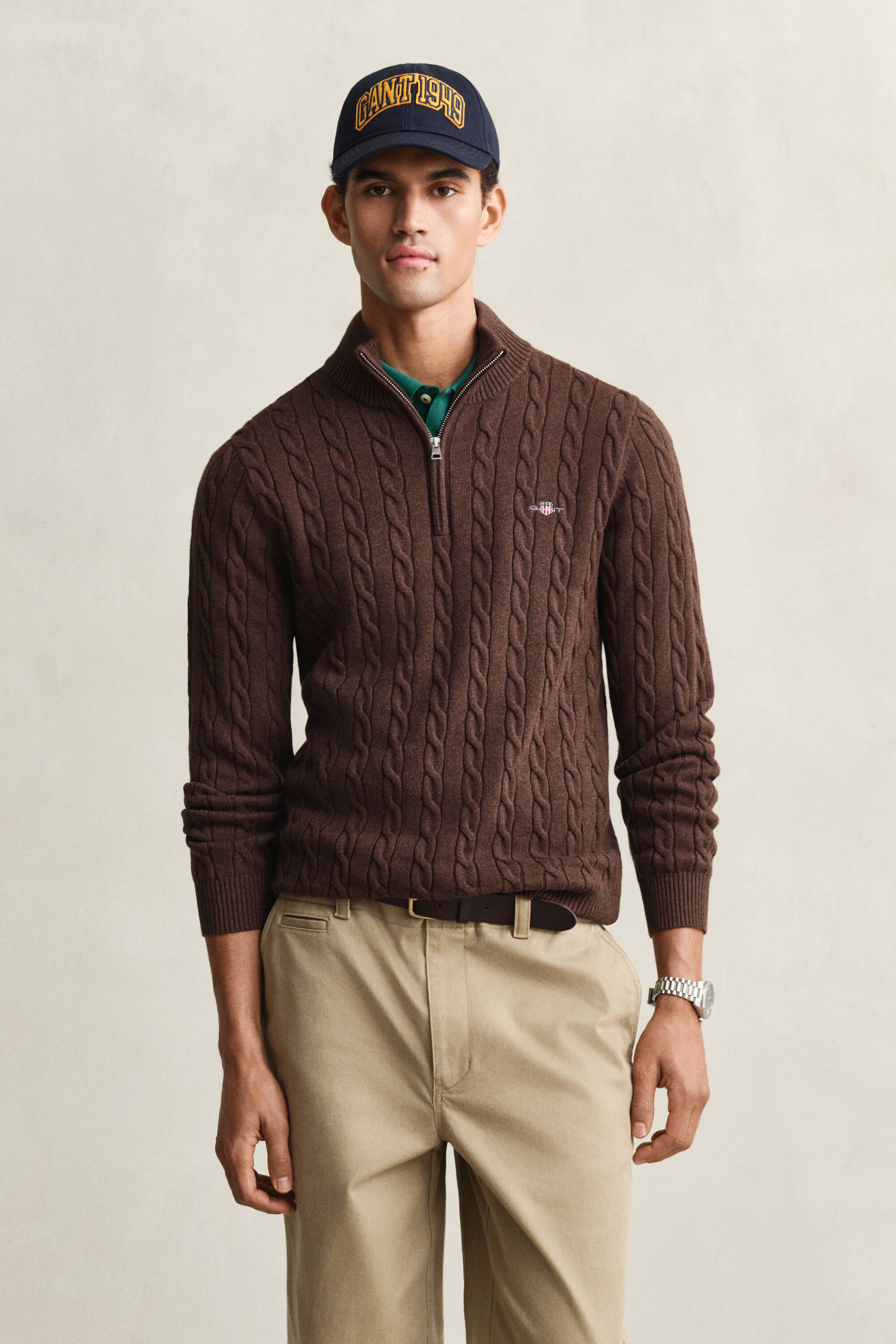 Camisola de malha entrançada de algodão com meio fecho de correr