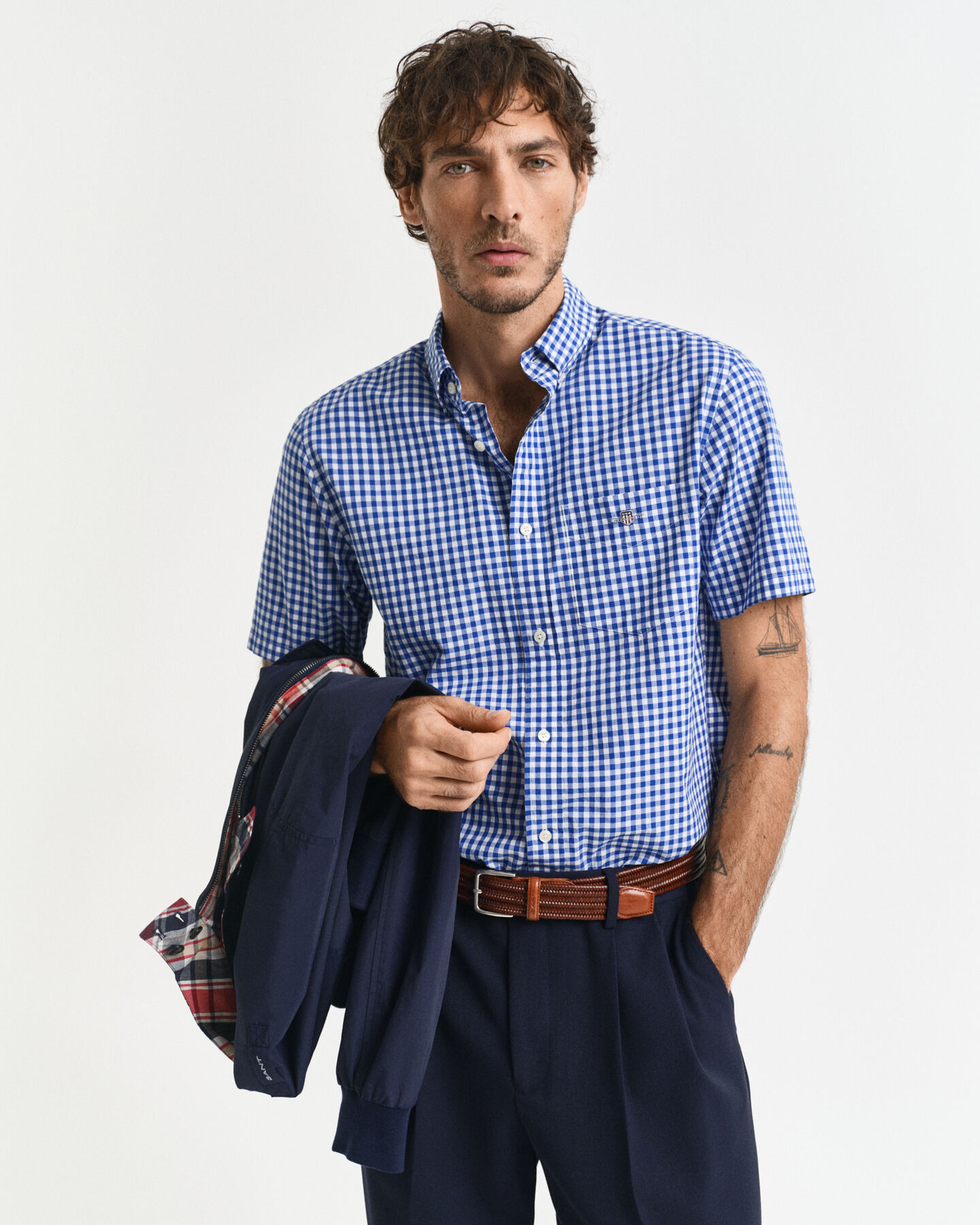Camisa de manga curta em popelina Gingham clássica regular fit
