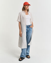 Vestido-camisa em linho &agrave;s riscas