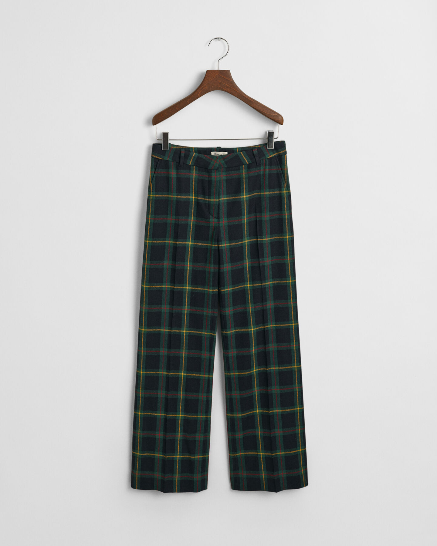 Calças de fato com padrão de xadrez e perna a direito