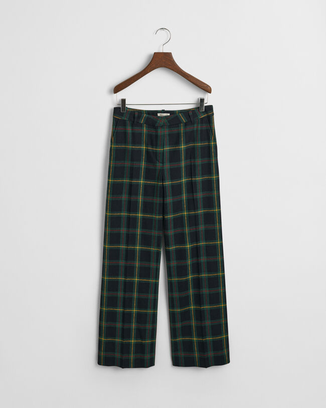 Calças de fato com padrão de xadrez e perna a direito