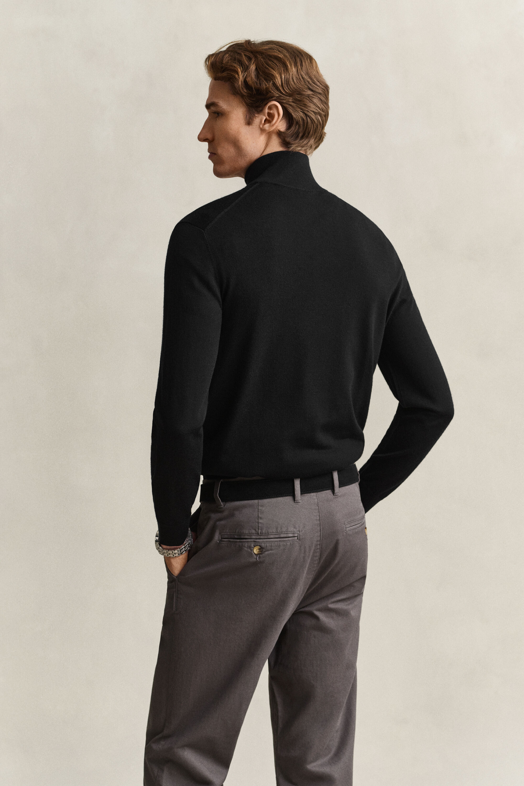 Camisola de malha com meio fecho de correr em lã de merino