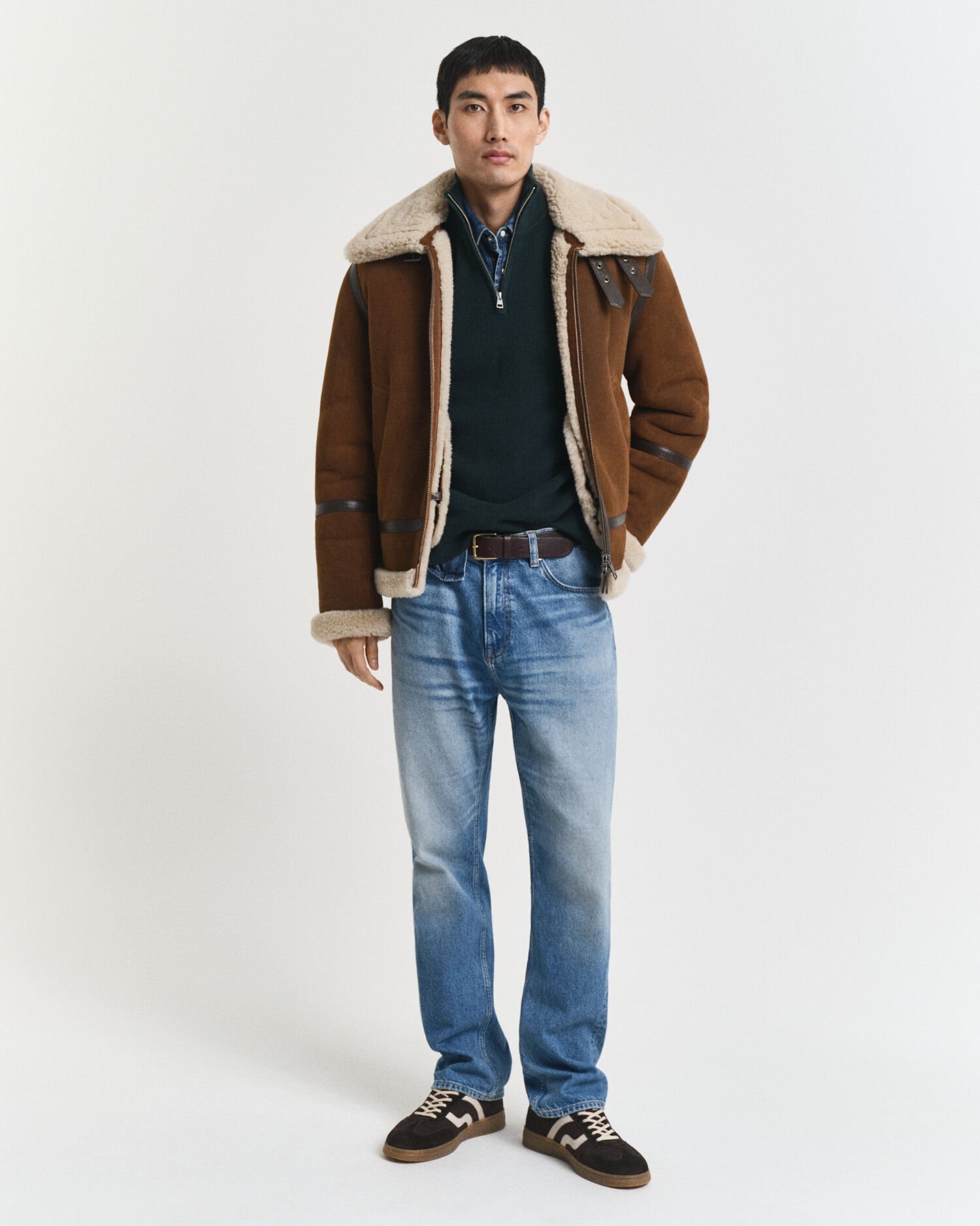 Camisola de malha canelada em lã de merino e algodão com meio fecho de correr