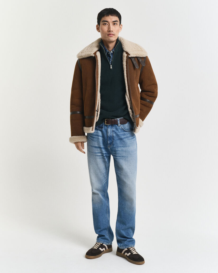 Camisola de malha canelada em lã de merino e algodão com meio fecho de correr