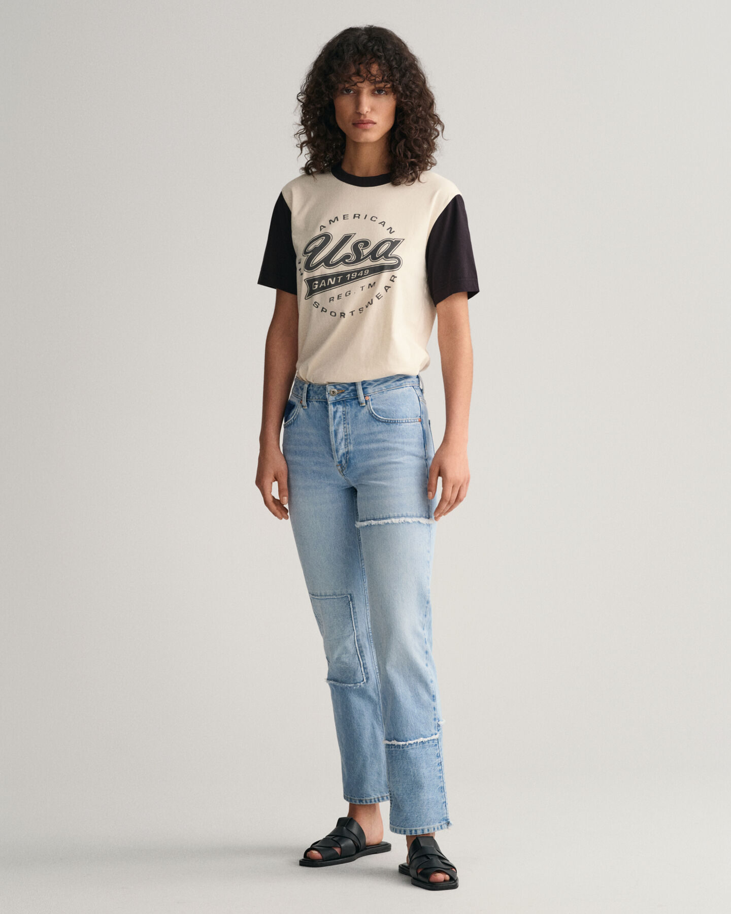 Cal&ccedil;as de ganga Patchwork com perna a direito e cintura subida