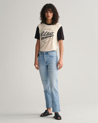 Cal&ccedil;as de ganga Patchwork com perna a direito e cintura subida