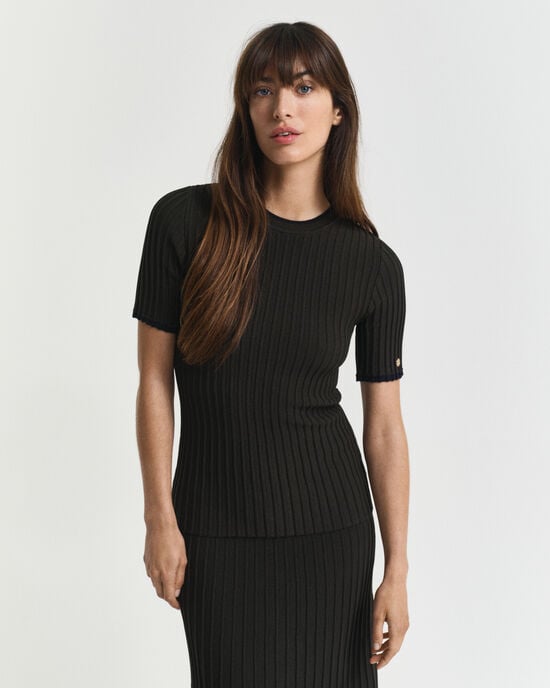 Camisola de malha canelada com manga curta Contrast